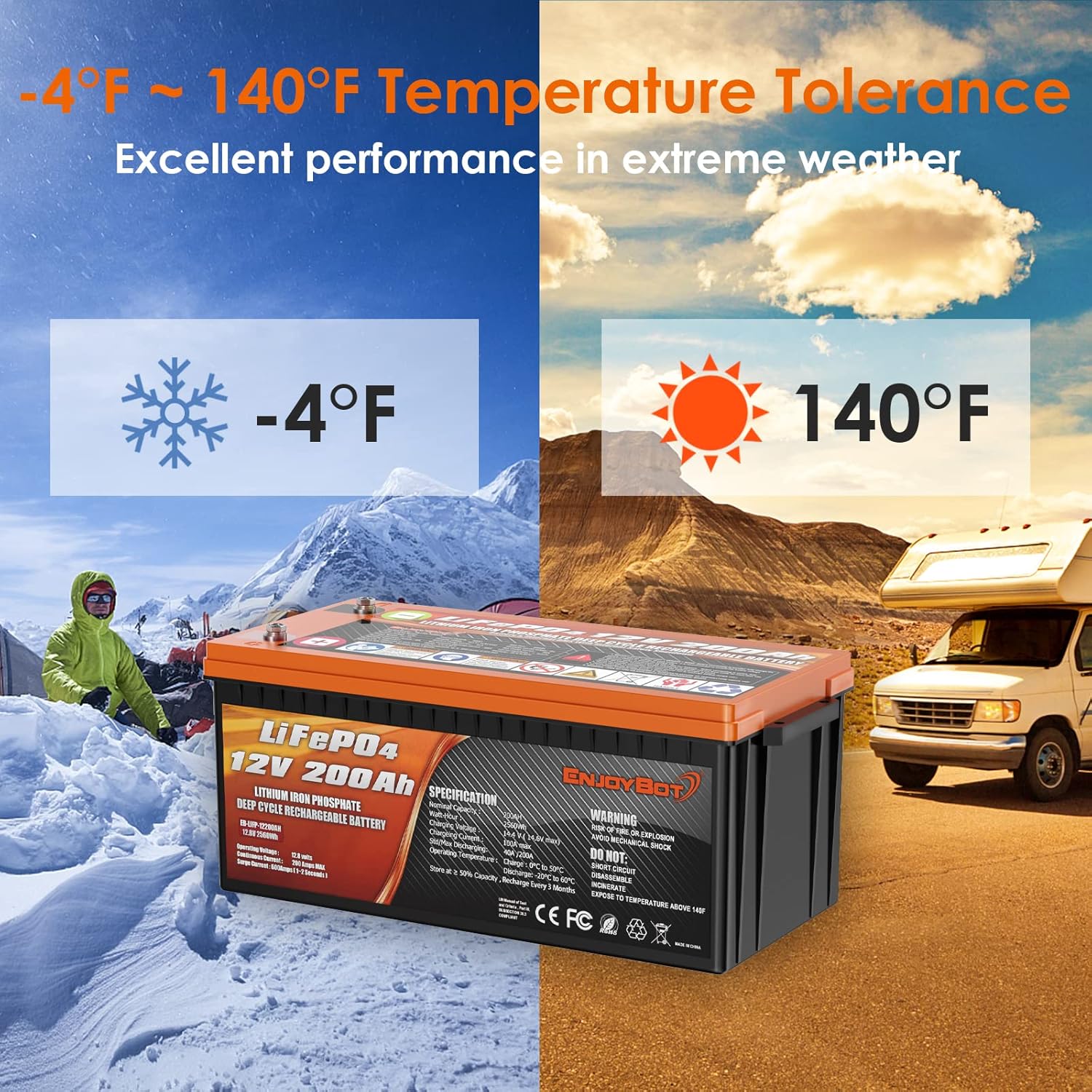 Enjoybot Deep Cycle Battery LiFePO4 12V 300Ah, Built-in 200A BMS, Lithium Iron Phosphate Battery for Solar RV Marine Camping