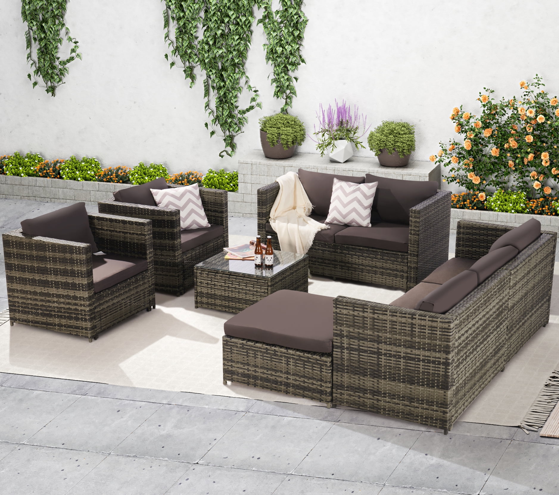 Highsound 6 Pieces Outdoor Patio Furniture Set, All-Weather Patio Outdoor Conversation Sectional Set with Coffee Table & Ottoman, Wicker Sofas