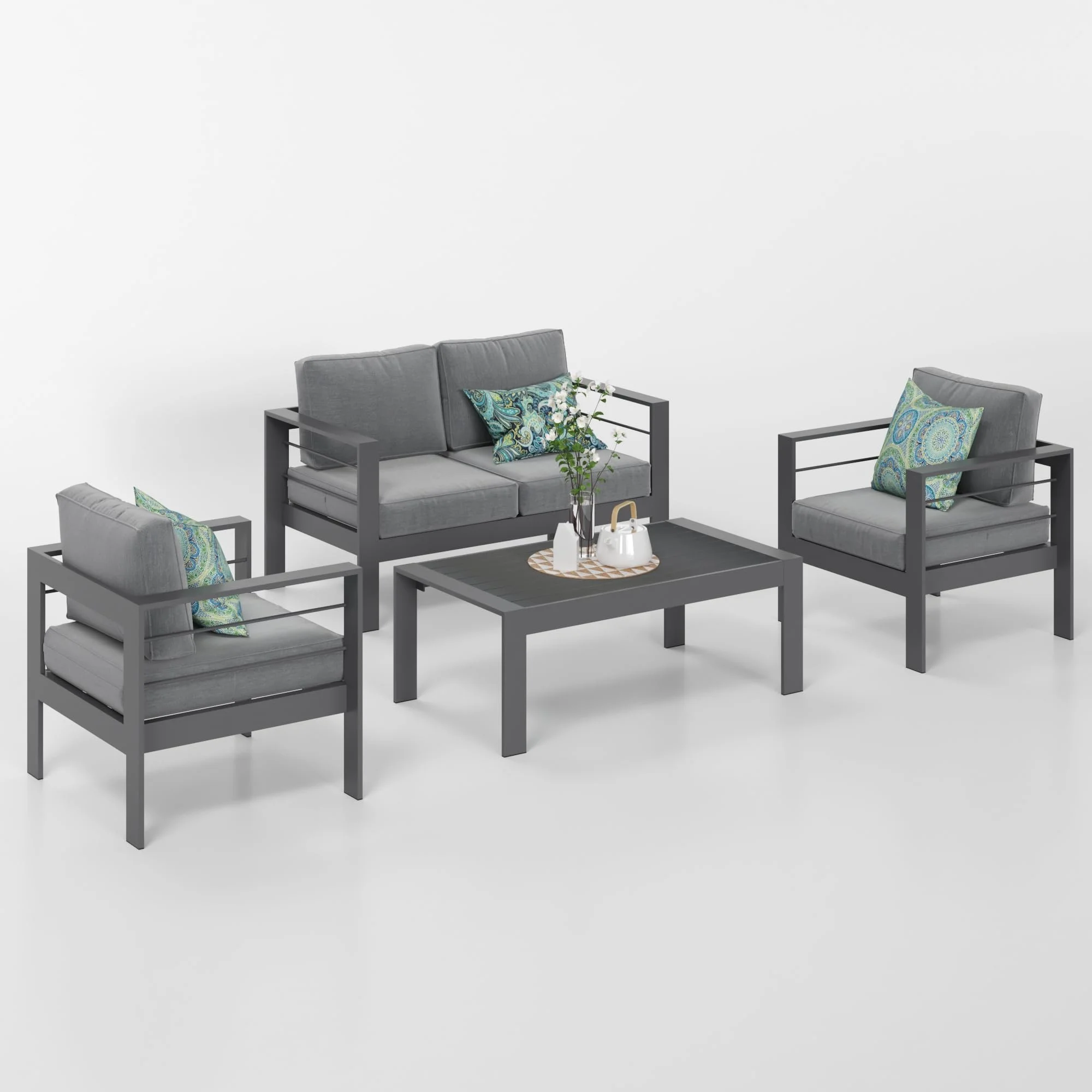 CozyHom 4 Seats Outdoor Aluminum Furniture Sofa Sets For All-Season Patio Aluminum Sectional Conversation Couch Set With Table And Cushions, Gray