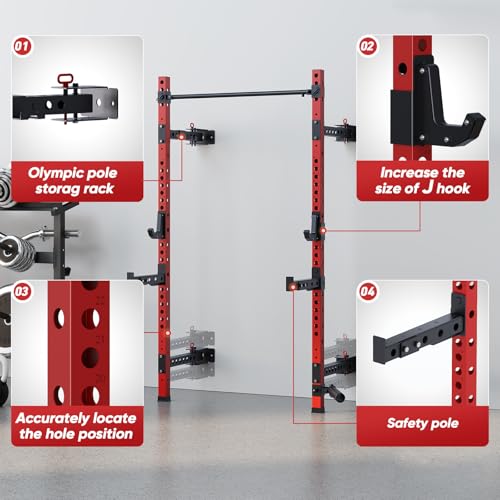 QSNSILK 2.36" x 2.36" Folding Squat Rack, Wall-Mounted Power Cage with Pull-up Bar, J-Hooks, Landmine, Spotter Arms, 1000LBS Capacity