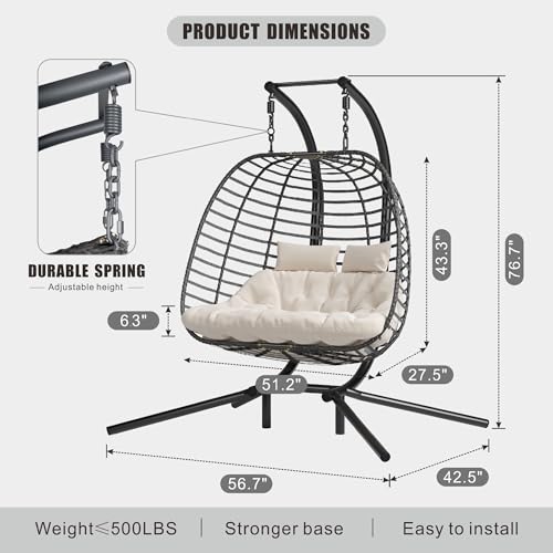HWB Hanging Egg Chair with Stand, Patio Wicker Hammock Egg Swing Chair with Cushion for Bedroom Garden Indoor Outdoor (Beige)