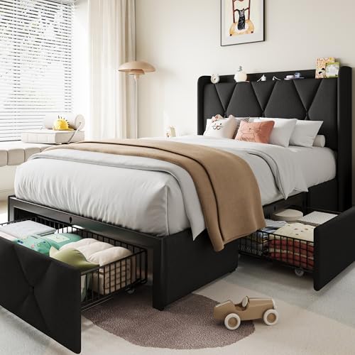 Queen Bed Frame with 4 Storage Drawers and Charging Station, Upholstered Platform Bed Frame with Storage Headboard, No Box Spring Needed