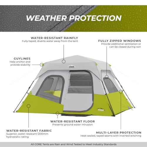 CORE Instant Cabin Tents | 6 Person / 9 Person / 10 Person / 12 Person Family Cabin Multi Room Pop Up Tents Car Camping | Included Storage Pockets