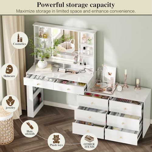 Large Makeup Vanity Desk with Mirror and Lights, Vanity Desk with 8 Drawers & Storage Shelves, Vanity Table with Power Outlet