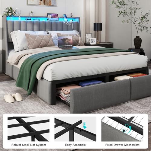 Queen Bed Frame with 2 Storage Drawers, Platform Bed Frame Queen Size with LED Light, Upholstered Headboard, Charging Station, Steel Slat Support