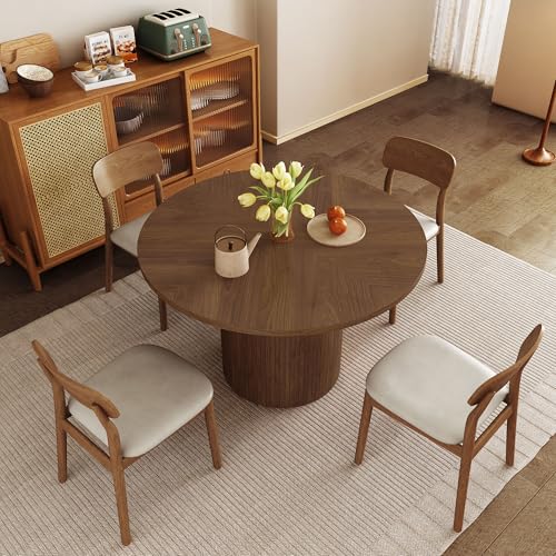 47 inch Round Dining Table for 4, Kitchen Table Dinner Table with 2-Layer Storage Shelf and Wood Slide Door for Home Dining Room Living Room (Walnut)