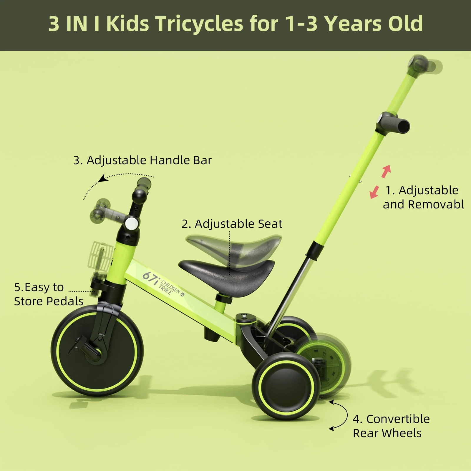 KORIMEFA Toddler Bike with Push Handle,Tricycles for 1 to 3 Years Old, Toddler Tricycle with Push Handle for Boy Girl, Baby Bike Balance Bike