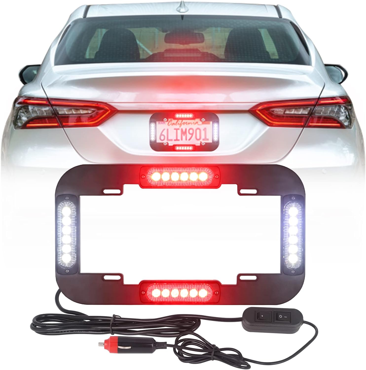 Emergency License Plate Strobe Lights Front/Rear Hazard Warning Safety Flashing Police Lights w/ Black Frames for Vehicles Trucks Cars (Red and Blue