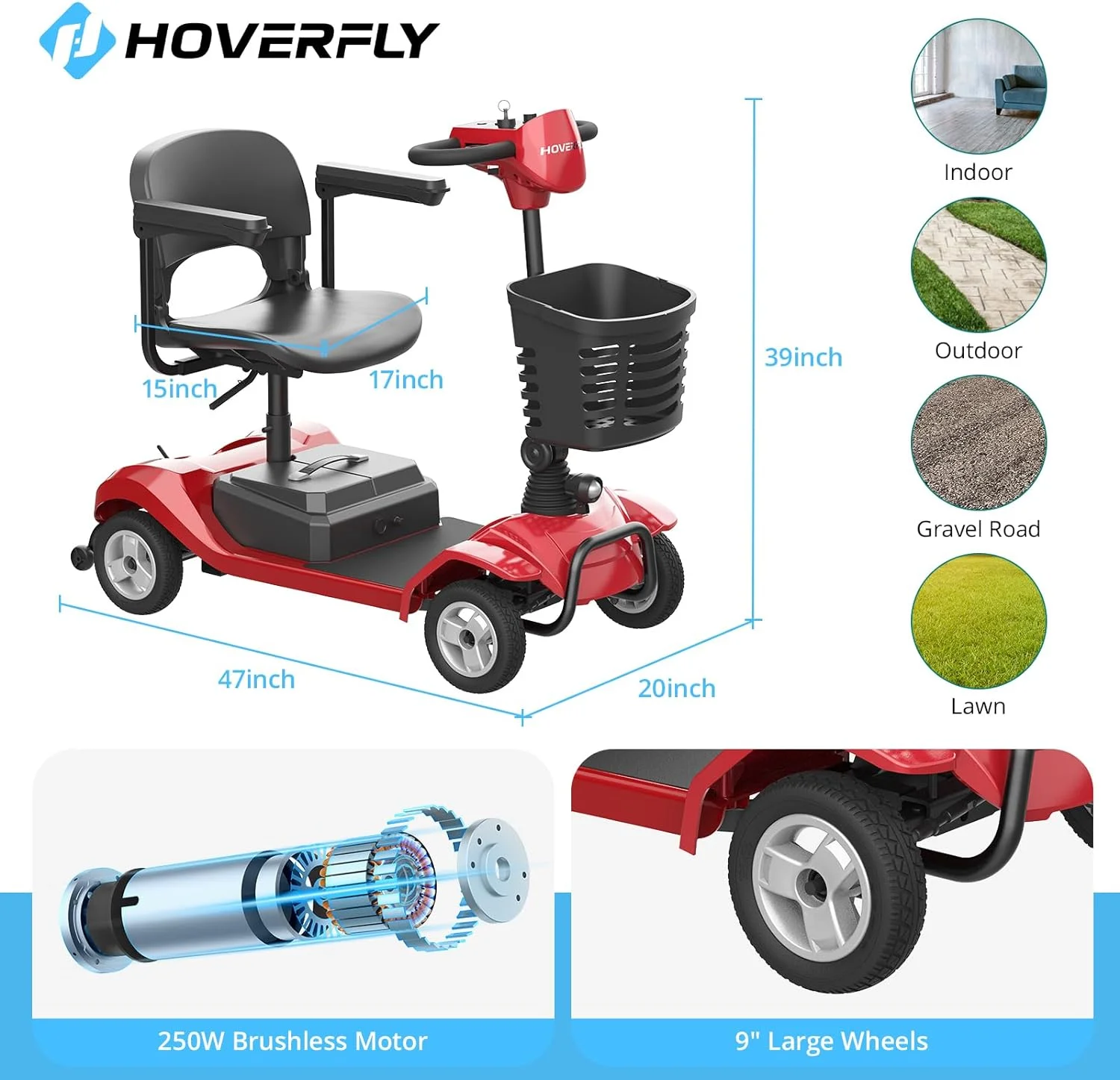 Hoverfly T4 Mobility Scooter for Elderly, 4 Wheel Mobility Compact Scooters for Seniors 330lbs with Lights Basket, Blue - Curated Treasures Market