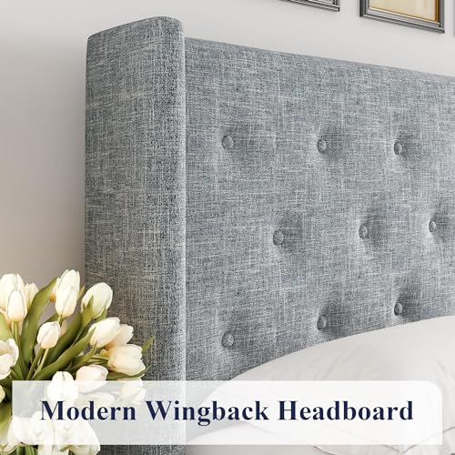Allewie Full Size Lift Up Storage Bed, Modern Wingback Headboard, Hydraulic Support, No Box Spring Needed, Light Beige