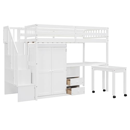 Harper & Bright Designs Twin Size Loft Bed with Stairs and Bookshelf, Wood Twin Storage Bed with Desk & Wardrobe