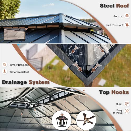 EROMMY 12'x20' Hardtop Gazebo Double Roof Galvanized Steel Canopy Outdoor Aluminum Frame Permanent Metal Pavilion with Netting and Curtains for Patio