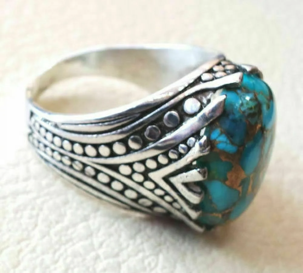 925 Sterling Silver Certified Handmade Copper Turquoise Gemstone Mens Gift Ring