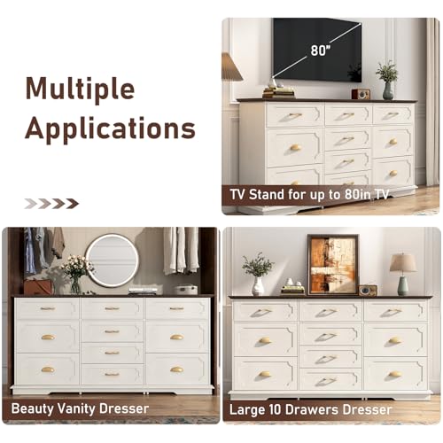 70inch Large Long Dresser w/Charging Station,10 Drawer Dresser w/Deep Big Drawers,Wooden Chest of Drawers w/Power Outlet,White Dressers for Bedroom