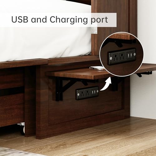 Murphy Bed Cabinet Full, Solid Wood Murphy Bed with 2 USB & 2 Charging Ports, Large Storage Drawer for Home Office or Small Space