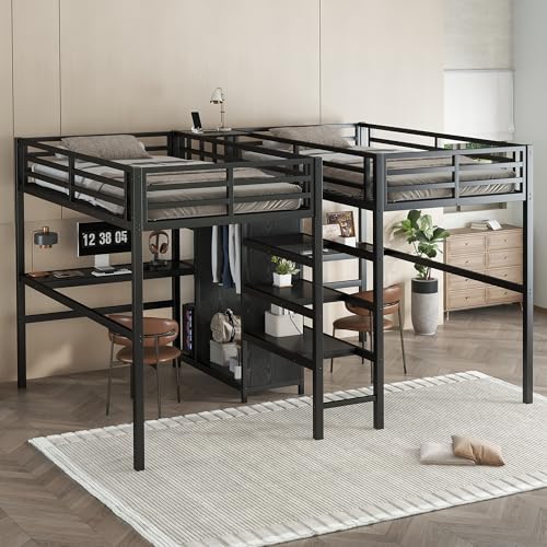 Bellamave Metal Loft Bed with Wardrobe and L-Shaped Desk, Full Size Loft Bed with Storage Cubes and Shelves, Heavy Duty LoftBed for Kids Teens Adults
