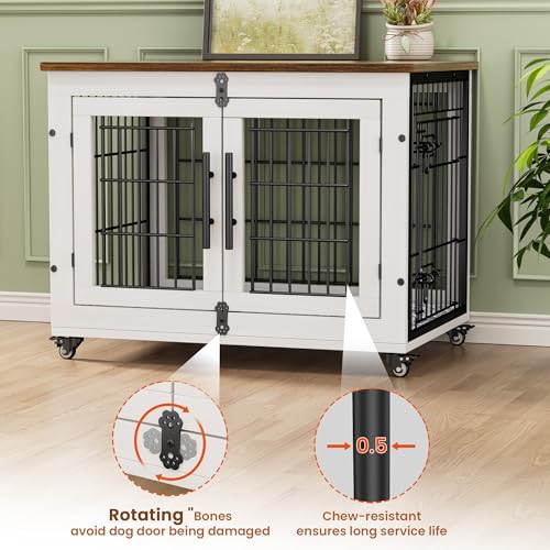 Lulive Dog Crate Furniture for Medium Dogs, 32'' Dog Kennel Indoor with Cushion & Wheels Wooden Dog Cage Double Doors Dog Crate End Table, Grey