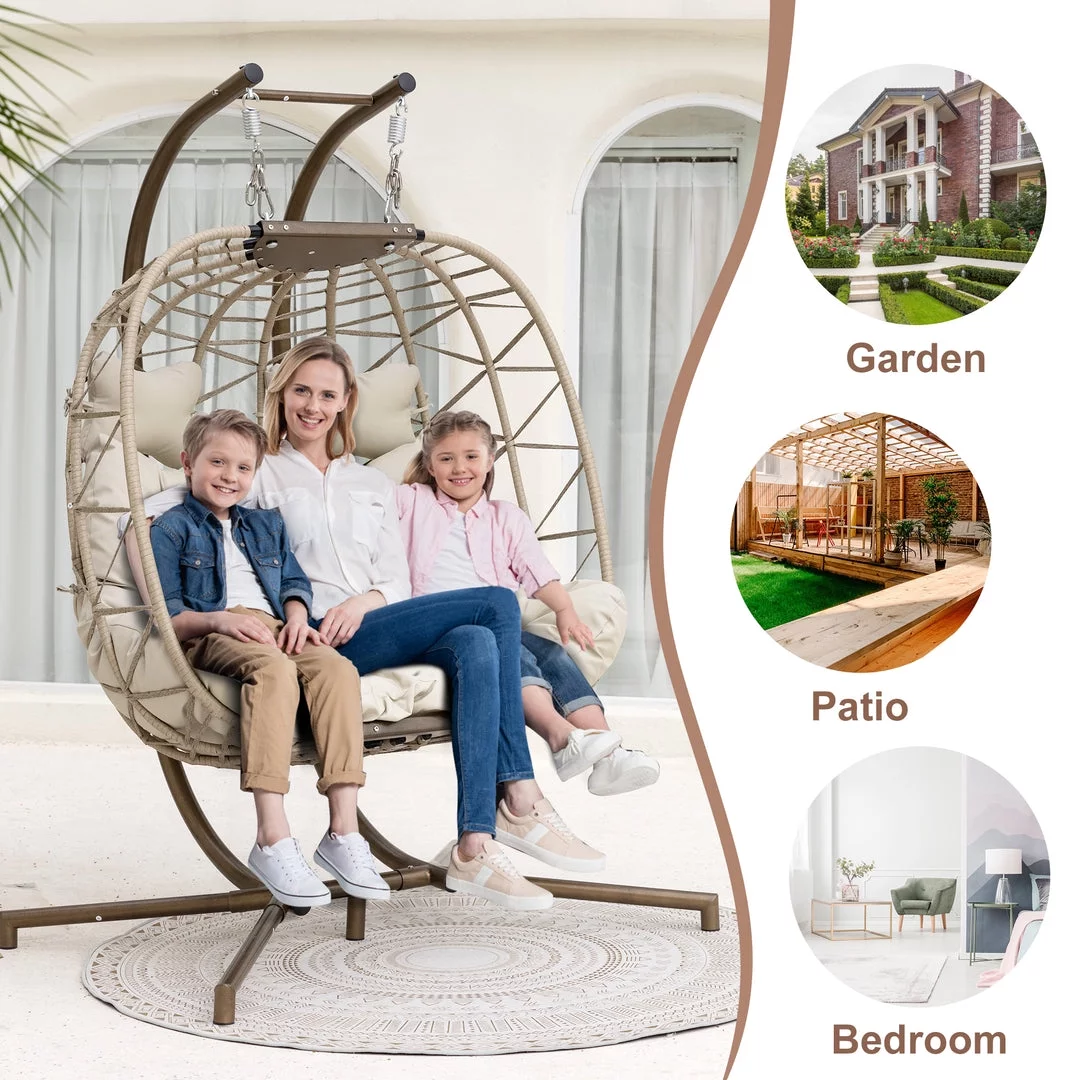 NICESOUL Beige Double Egg Chair With Stand, Wicker Luxury Patio Loveseat For Two Persons, 500 lbs Max weight - Radiant Selections