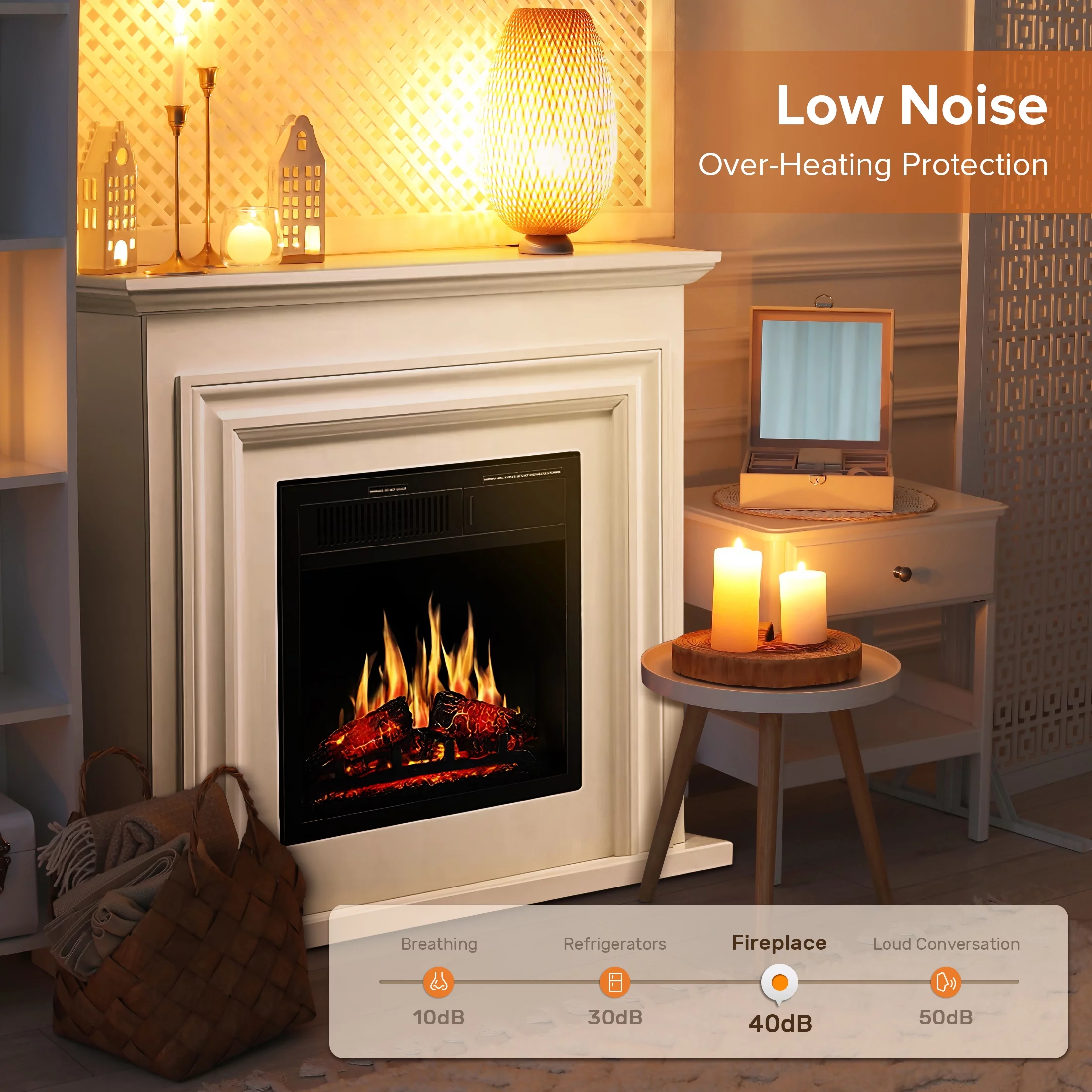 Auseo 36" Freestanding Electric Fireplace with Wood, White Mantel, Remote Control, For Rooms up to 400 Sq.Ft. Adjustable LED Flame & Heating Settings