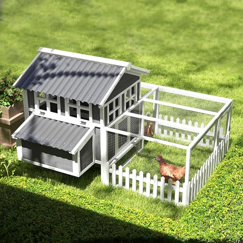 PawHut Wooden Chicken Coop with Run for 3-4 Chickens, Hen House with Nesting Box, Removable Tray, Fence, Outdoor Poultry Cage, 68" x 59" x 42", Gray