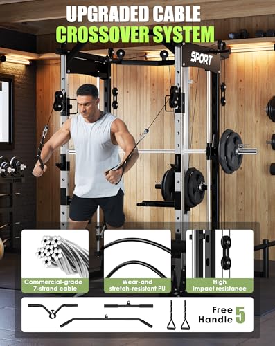 Smith Machine for Home Gym, 2200LBS Capacity Heavy Duty Power Cage with Cable Crossover System