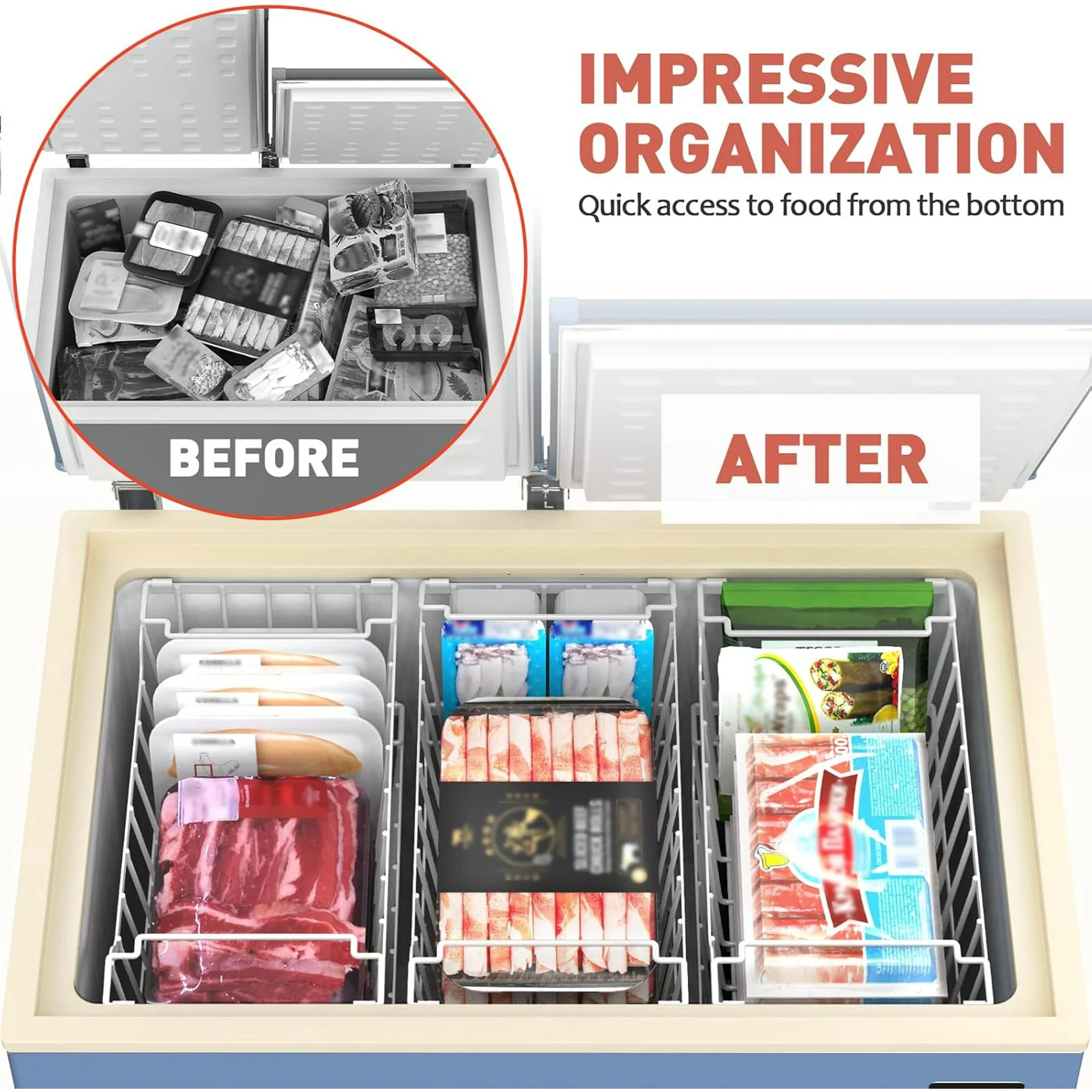 8-Pack Freezer Organizer Bins with Foldable Handles, Stackable Deep Freezer Baskets for 3.5-7 Cubic Feet Freezers, White Metal Storage Bins