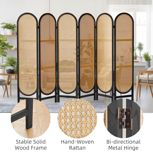 4 Panels Room Divider Wall, Foldable Wooden Room Divider, Individual Privacy Screen Made of Hand-Woven Rattan