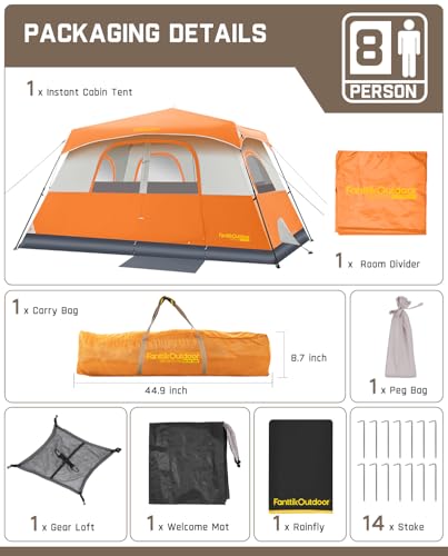 FanttikOutdoor Camping Tent 4/6/8/10 Person Instant Cabin Tent Setup in 60 Seconds with Rainfly & Windproof Portable with Carry Bag for Family