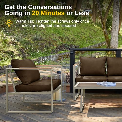 EAST OAK Courtyard Patio Furniture Set, 4-Piece Outdoor Patio Set with Sofa, Removable & Washable Deep Seating Cushion, Tempered Glass Table