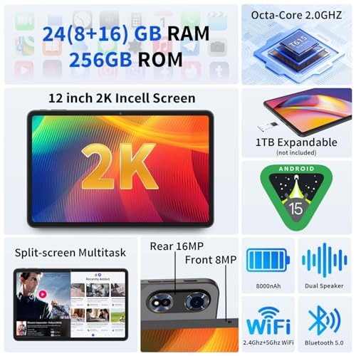 12 Inch Tablet Android 15 Tablets, 2025 Upgraded Android Tablet with Keyboard, 24GB RAM+256GB ROM(1TB Expand), Octa-Core, 2K 2000x1200 Display