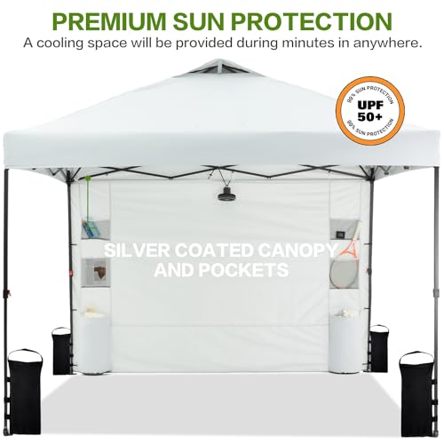 10'x10' Pop Up Canopy Tent with 1 Sidewall and 6 Pockets, One Push Setup, Instant Shade Tent with Vented Roof for Beach Patio Outdoor, Case, 8 Stakes