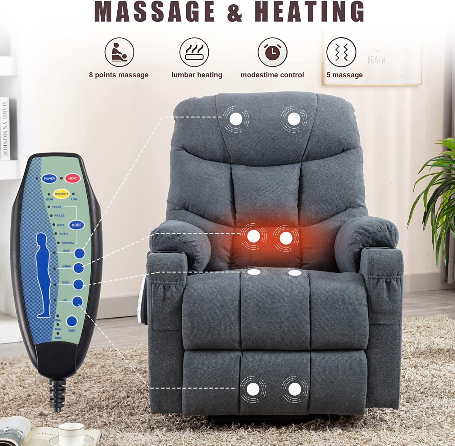 IPKIG Electric Power Lift Recliner Chair Sofa with Heat and Vibration, Lift Recliner Chairs for Elderly with Lumbar Pillow, Hand Remote Control