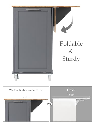 Kitchen Island with Storage, 31.5" D Rolling Kitchen Island Cart on Wheels with Widen Drop Leaf Rubberwood Top