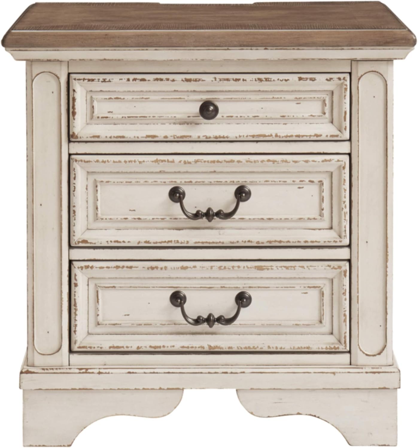 Signature Design by Ashley Realyn French Country 3 Drawer Nightstand with Electrical Outlets & USB Ports, Chipped White