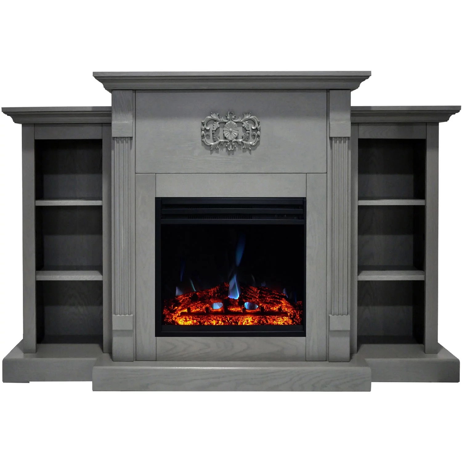 Cambridge Sanoma Electric Fireplace Heater with 72" Gray Mantel, Bookshelves, Enhanced Log Display, Multi-Color Flames, and Remote