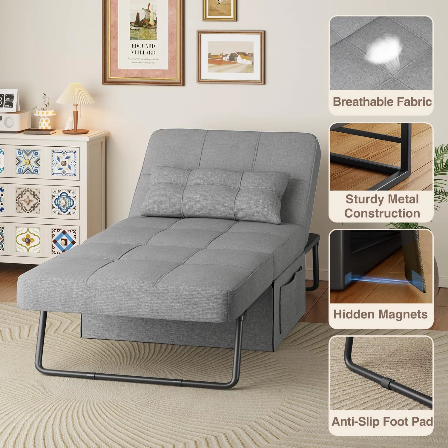 4 in 1 Sofa Bed, Sleeper Chair Bed Convertible Chair, Assembly-Free Sofa Chair Bed with Adjustable Backrest Breathable Linen