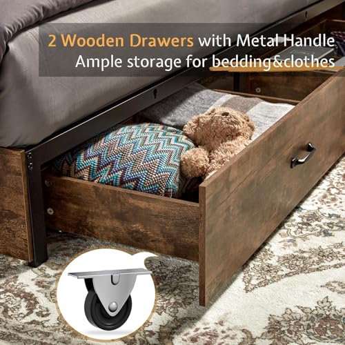 VanAcc Full Size Bed Frame, Wooden Platform Storage Bed with 51.2" Bookcase Headboard, 2 Drawers