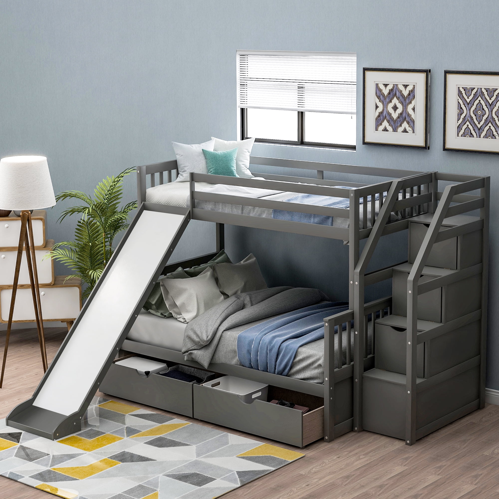 Euroco Wood Twin over Full Bunk Bed with 2 Drawers and Slide, Storage Staircase for Bedroom, Gray - Radiant Selections