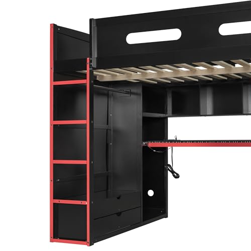 Modern Full Size Gaming Loft Bed with Built-in Desk and Storage Wardrobe, Wood Loft Bed Frame with Light Strip and 2 Drawers