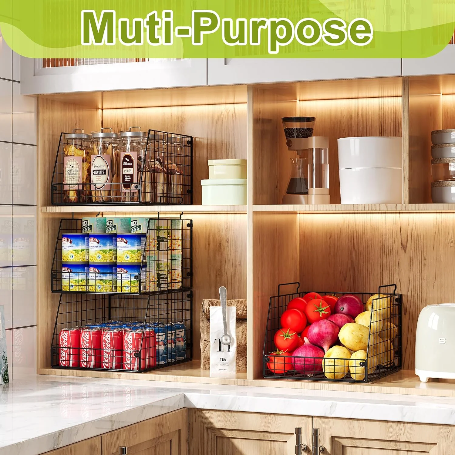 4 Pack XXL Stackable Wire Storage Basket, Extra Large Capacity Pantry Organizer and Storage, Muti-Purpose for Fruit Vegetable Basket &amp