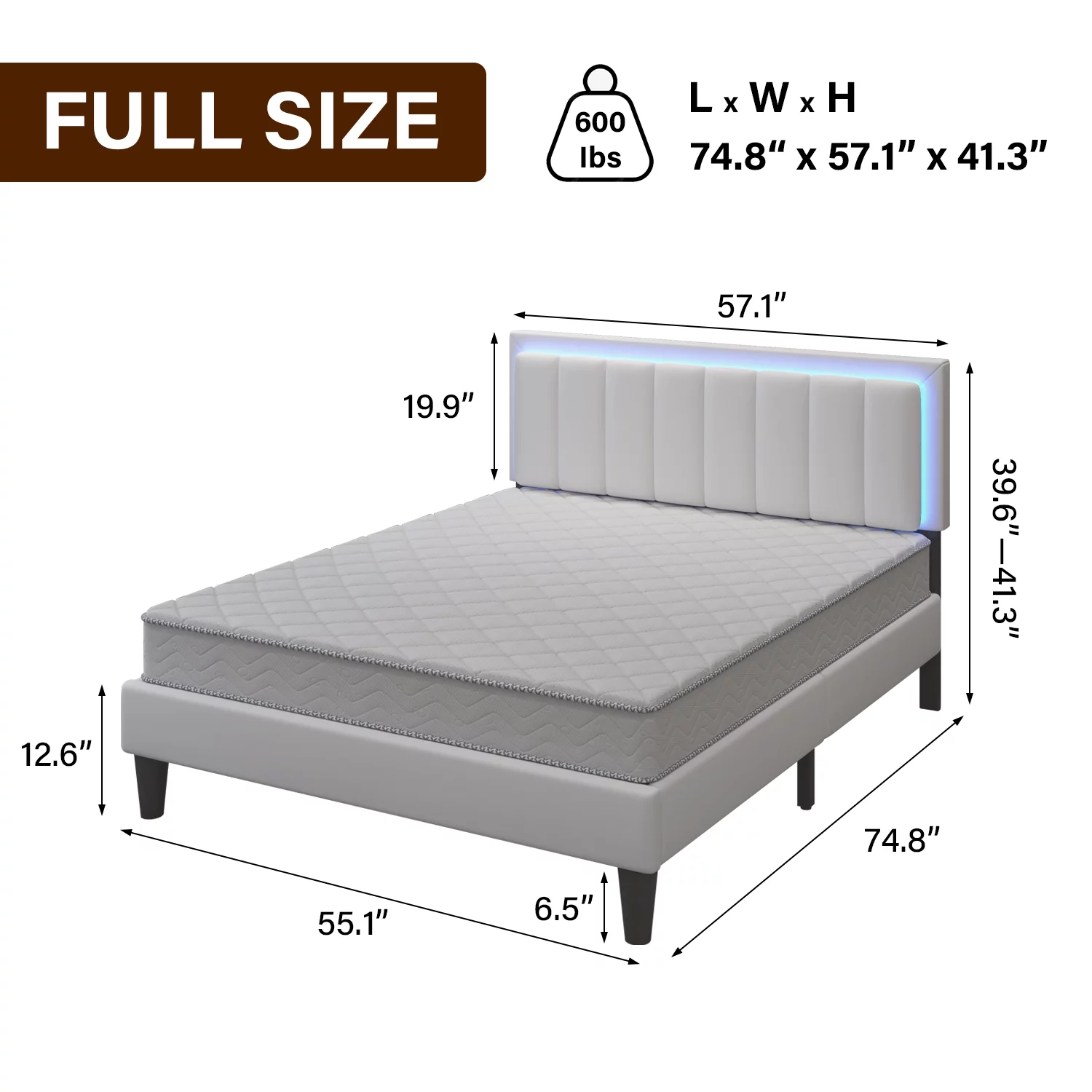 4 EVER WINNER Full Size Led Bed Frame, Upholstered Platform Bed Frame with PU Faux Leather Headboard, White