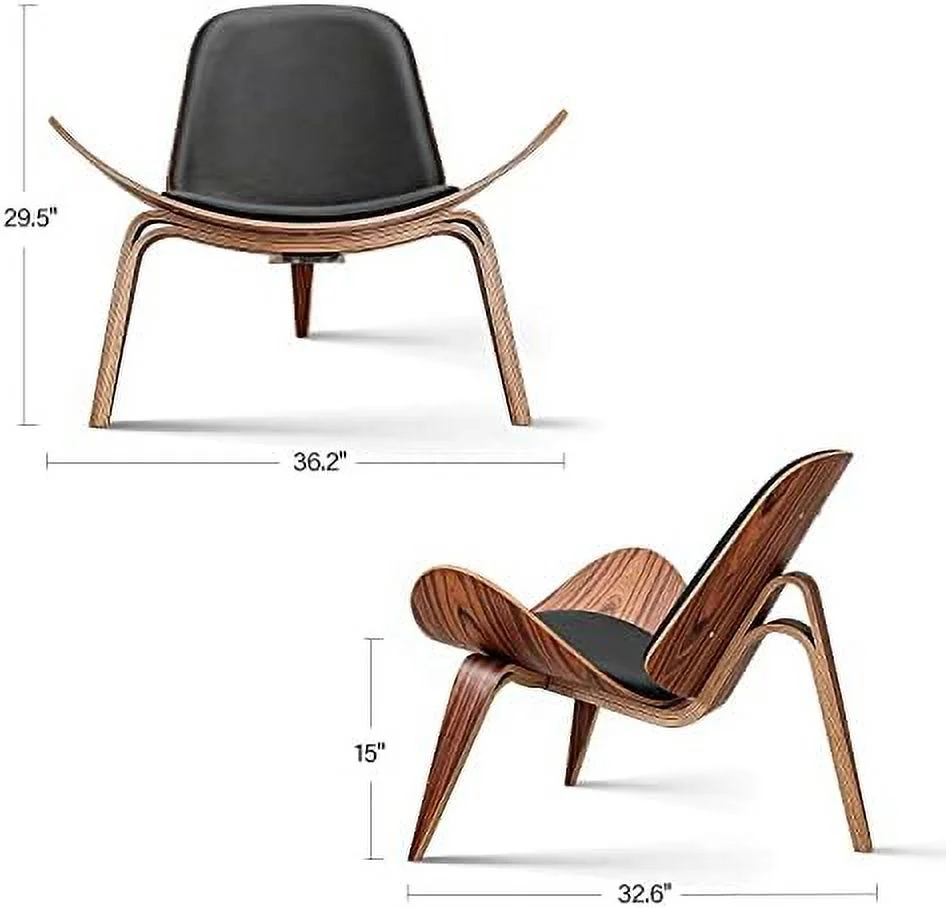 TJUNBOLIFE Mid Century Modern Shell Lounge Chair PU Leather Tripod Plywood Classic Design Solid Wood Accent Chairs for Living Room Reading Lounge