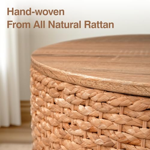 Round Nesting Coffee Table Set of 2 with Storage - Handwoven Wicker Rattan Ottoman Style, Boho Coastal Coffee Tables for Living Room