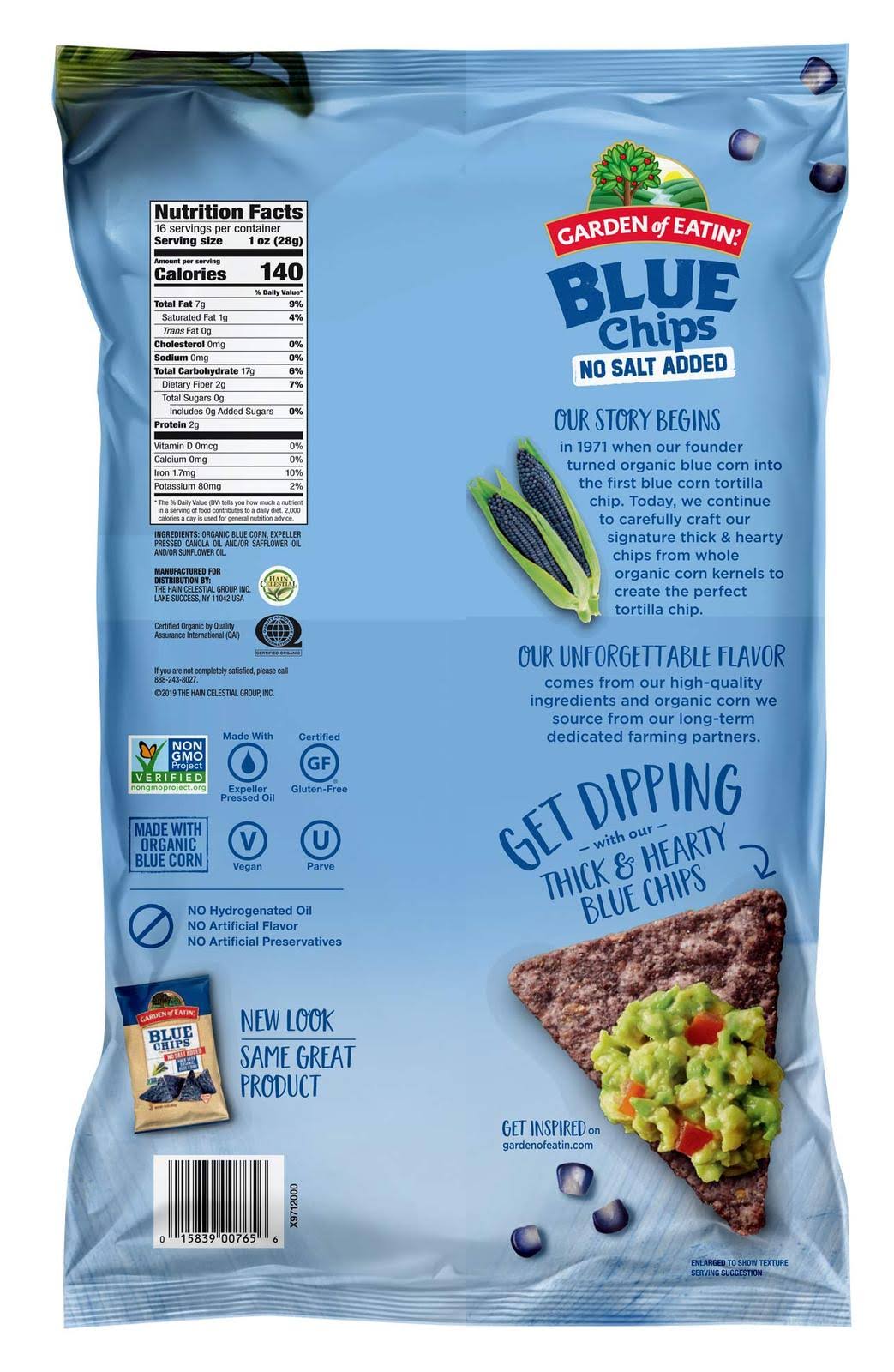 Garden of Eatin No Salt Added Blue Corn Tortilla Chips 16 oz. Pack
