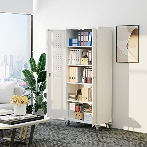 Garage Storage Cabinet with Wheels & Pegboard, 72" H Locking Metal Storage Cabinet with Doors and 4 Adjustable Shelves for Garage Workshop Home