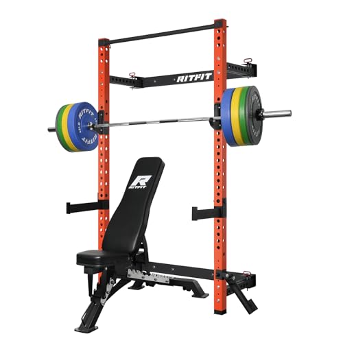 RitFit Multi-Functional Folding Squat Rack for Home Gym, 2.36'' x 2.36'' Wall Mounted Squat Rack with Attachments - Space Saving Squat Power Rack
