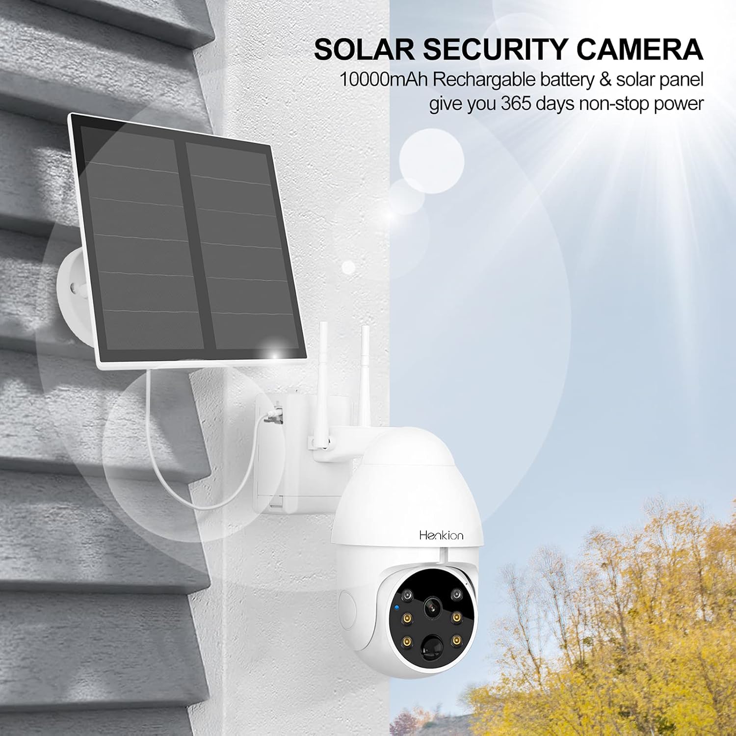 Solar Powered Wireless Security Camera, Henkion WiFi Outdoor Camera 1080P Pan Tilt Rechargeable Battery Camera Waterproof Home Surveillance