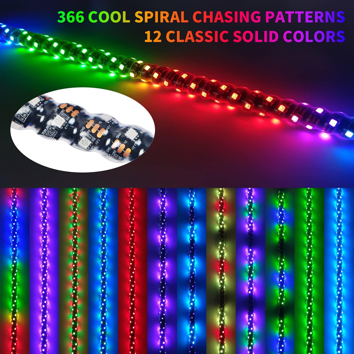 OHMU 2Pcs 3FT Spiral LED Whip Lights for UTV ATV [21 Modes] [20 Colors] [RF Wireless Remote] [Weatherproof] [USA Flag] LED Lighted Whips Antenna for