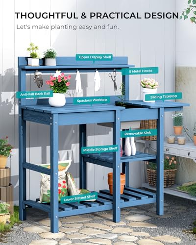SERWALL Potting Bench Outdoor Potting Table with Sink, HDPE Potting Benches for Outside Gardening Table All Weather Use- Black
