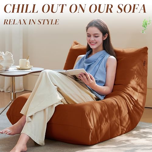 Bean Bag Chair for Adults - Suede & Microfiber Fireside Floor Chair, Comfortable Corner Lounge Sofa for Living Room, Bedroom, Office (3-Seater, Beige)